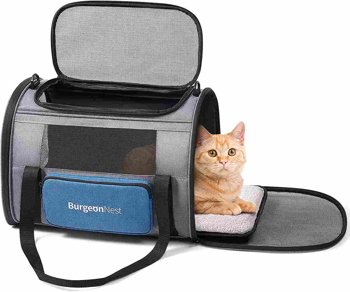 BurgeonNest Cat Carrier for Large Cats 20 lbs,Medium Cats Under 25 lbs,2 Cats and Small Dogs with Unique Side Bag,Top Load Pet Carrier Soft-Sided Escape Proof with 4 Ventilated Windows