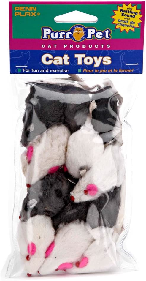 Penn-Plax Play Fur Mice Cat Toys | Mixed Bag of 12 Play Mice with Rattling Sounds | 3 Color Variety Pack - CAT531, Black and White