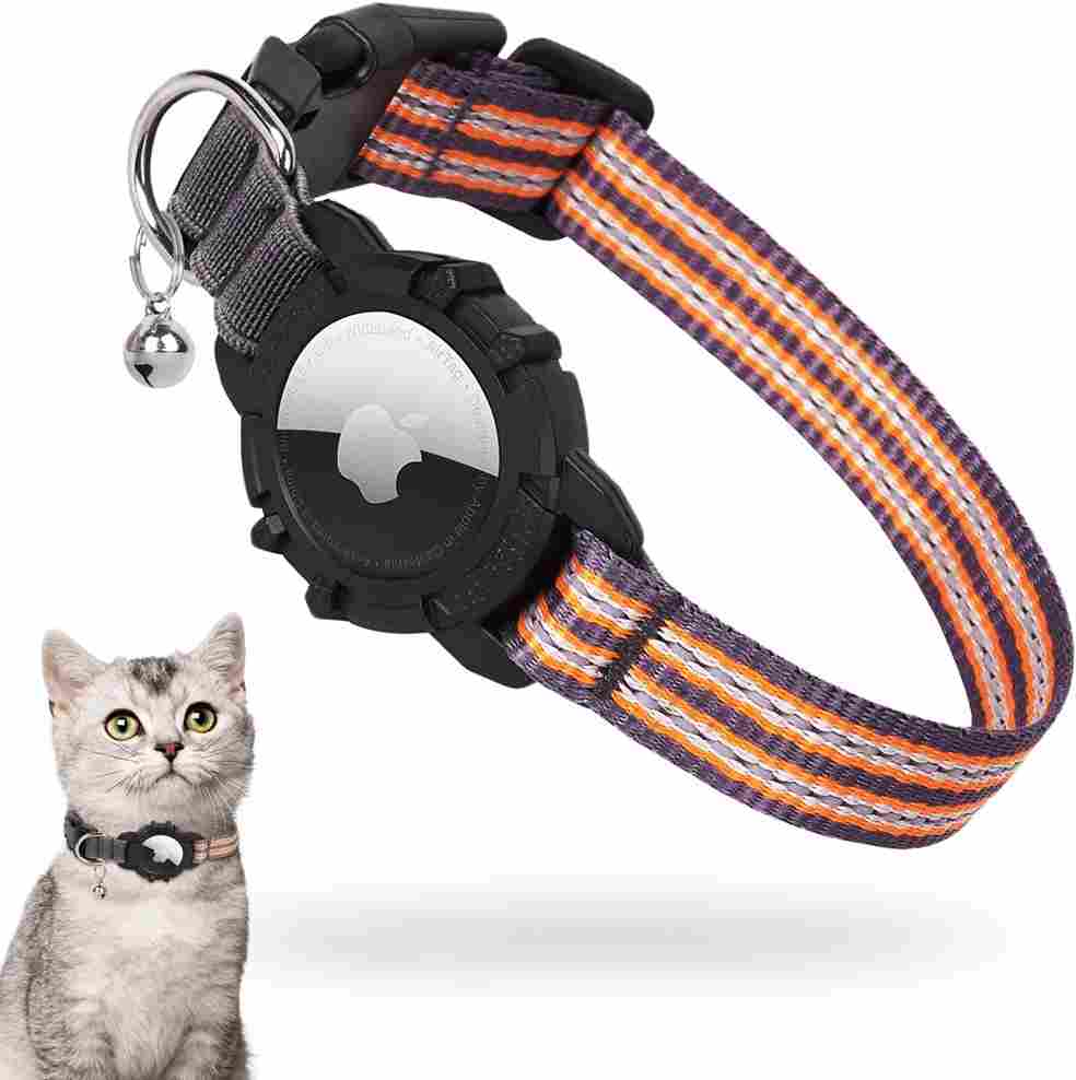 FEEYAR AirTag Cat Collar,Integrated Kitten Collar with Apple AirTag Holder, Reflective GPS Cat Collar with Bell[Orange], Lightweight Tracker Cat Collars for Girl Boy Cats, Kittens and Puppies