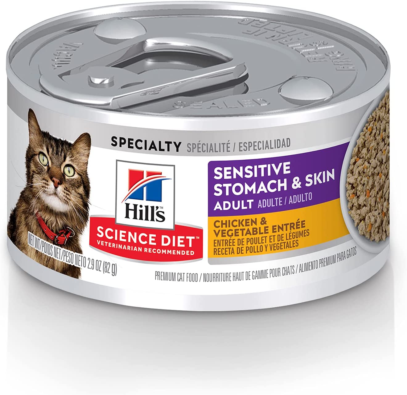 Hill's Science Diet Wet Cat Food, Sensitive Stomach & Skin, Chicken & Vegetable Recipe, 2.9 oz. Cans, 24-Pack