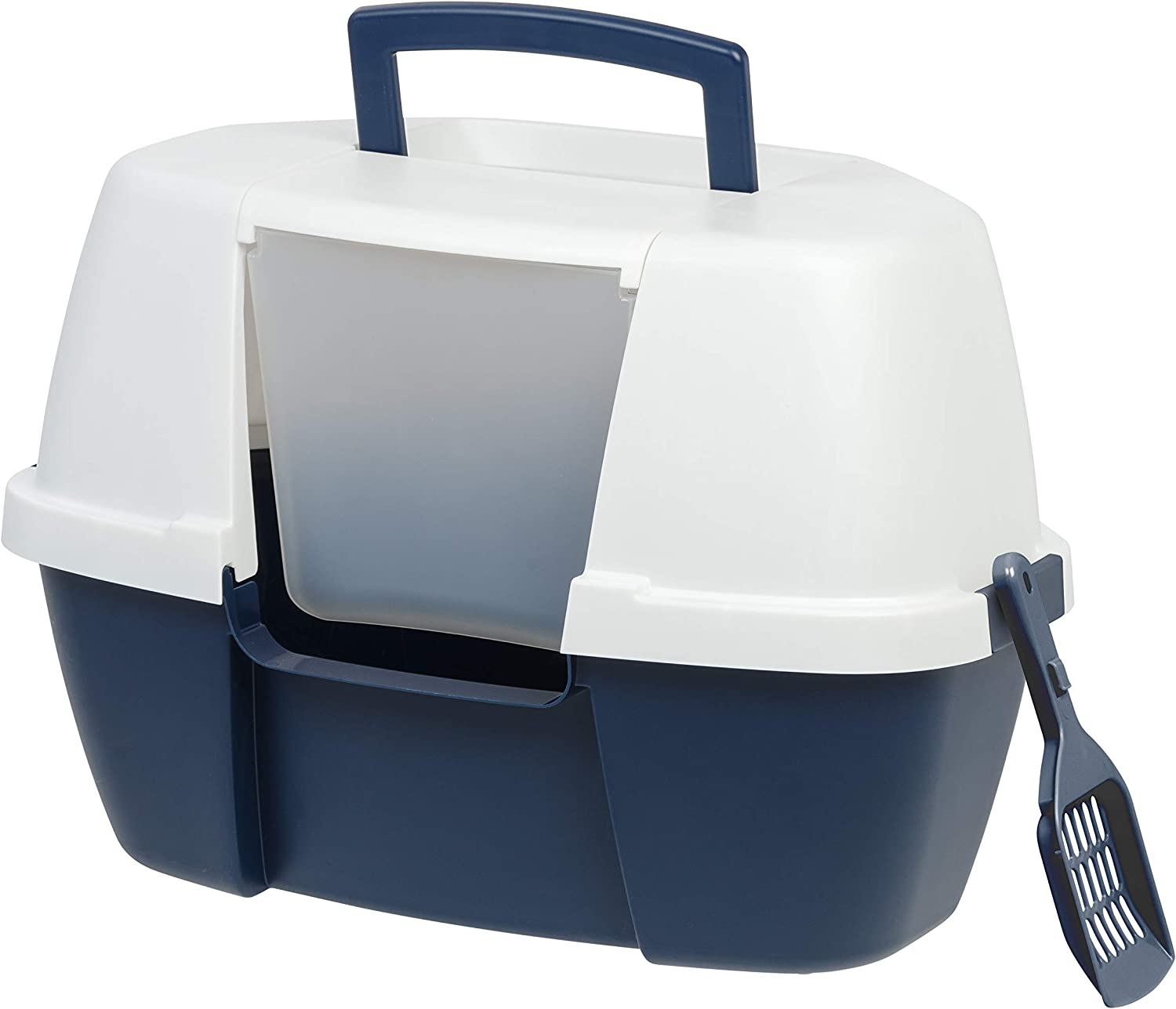 IRIS USA Large Enclosed Corner Cat Litter Box with Front Door Flap and Scoop, Hooded Kitty Litter Tray with Easy Access Lift Top Handle and Buckles for Portability and Privacy, Navy/White