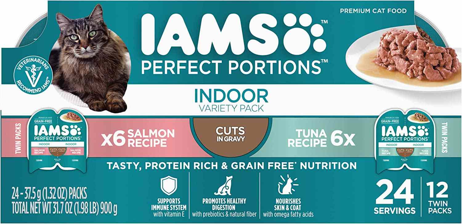 IAMS PERFECT PORTIONS Indoor Adult Grain Free* Wet Cat Food Cuts in Gravy Variety Pack, Tuna Recipe and Salmon Recipe, (12) 2.6 oz. Easy Peel Twin-Pack Trays