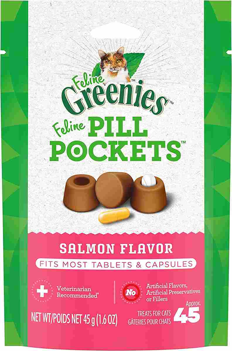 FELINE GREENIES PILL POCKETS for Cats Natural Soft Cat Treats, Salmon Flavor, 1.6 oz. Pack (45 Treats)