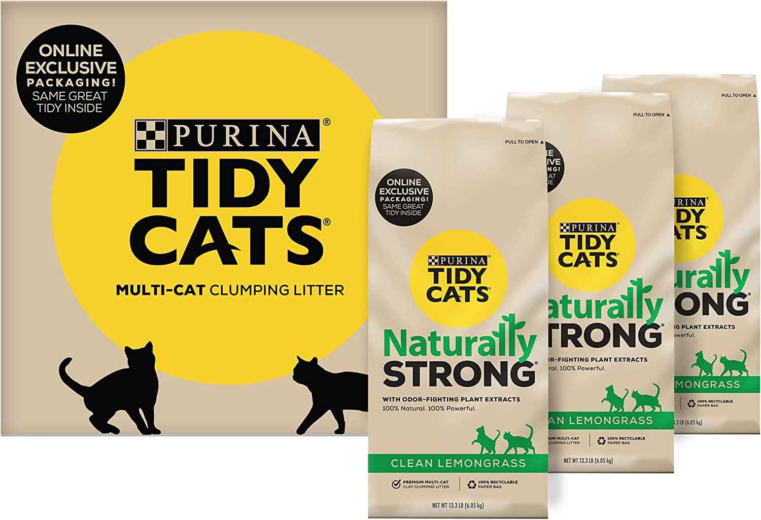 Purina Tidy Cats Natural Cat Litter, Naturally Strong Clean Lemongrass Scent Clay Cat Litter, Recyclable Box - (3) 13.33 lb. Bags