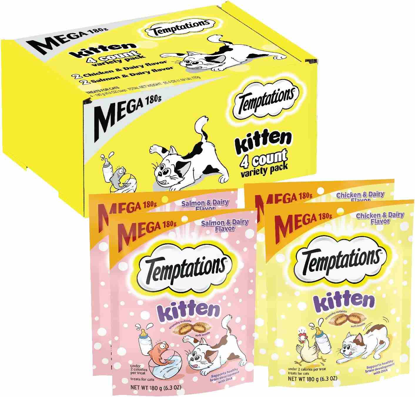 Temptations Kitten Treats, Chicken & Dairy and Salmon & Dairy, Crunchy and Soft Treat, 4-Pack Multipack (6.3 Ounce Per Pack)