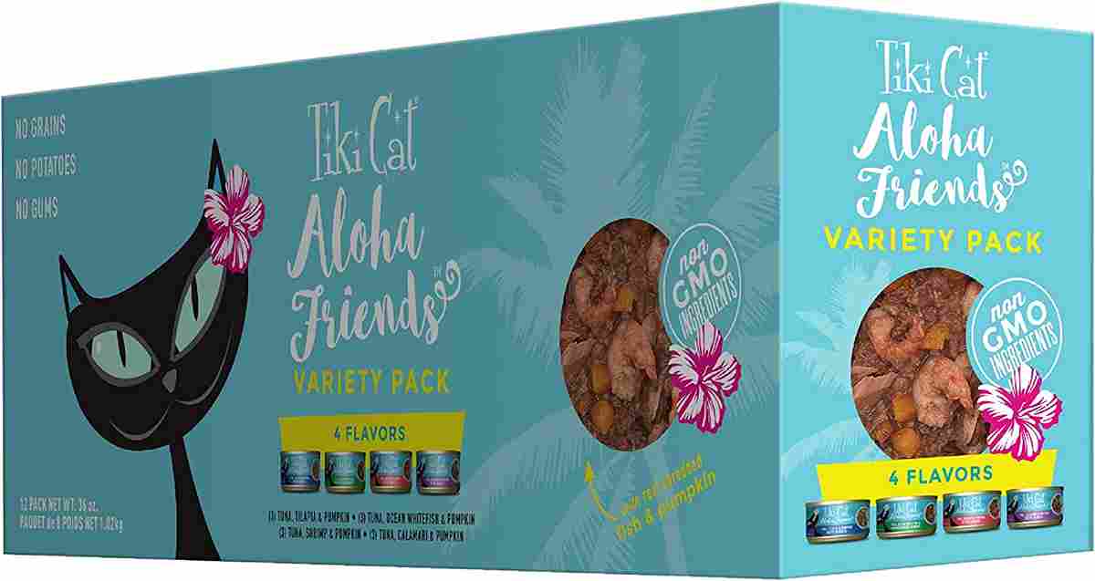 TIKI PETS Cat Aloha Friends Grain-Free, Low-Carbohydrate Wet Food with Flaked Tuna for Adult Cats & Kittens, Variety Pack 3 oz. (12 cans)