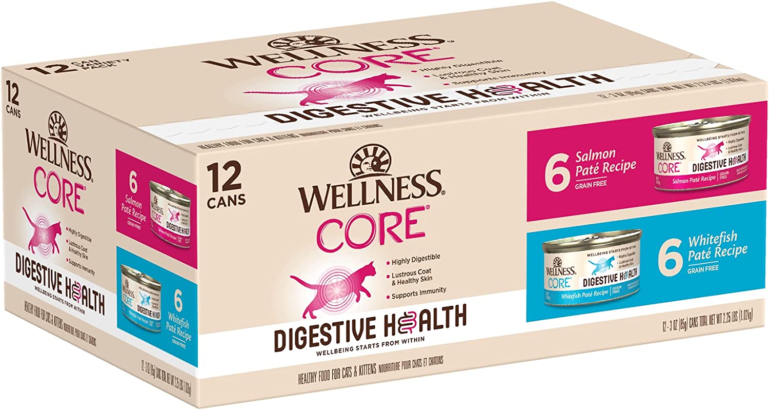 Wellnes CORE Digestive Health Grain-Free Natural Wet Cat Food, Sensitive Stomach, Easily Digestible (Salmon/Whitefish Variety Pack, 3 Ounce Can, 12 Pack)