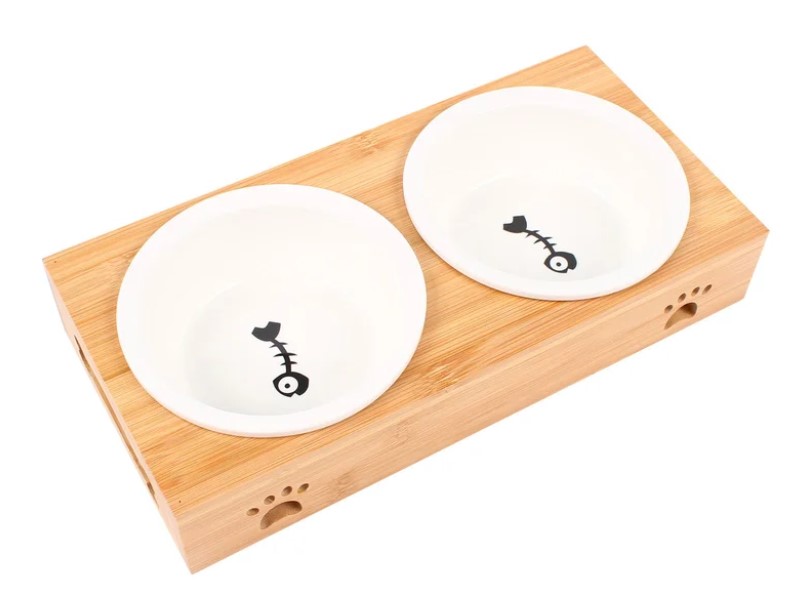 Double Cat Ceramic Feeding Bowl Set Food Water Feeder with Non-Slip Bamboo Stand