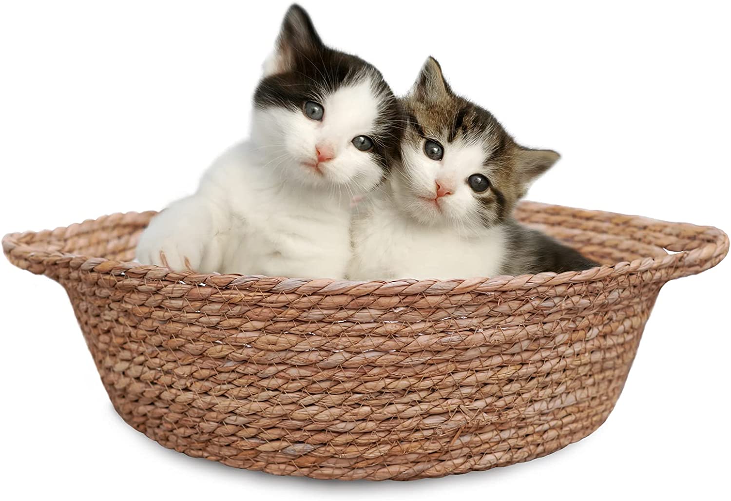 MewMewLand Natural Cat Wicker Bed Basket, Handmade Braided Cattail Leaf Kitten Bed with Soft Cushion Small