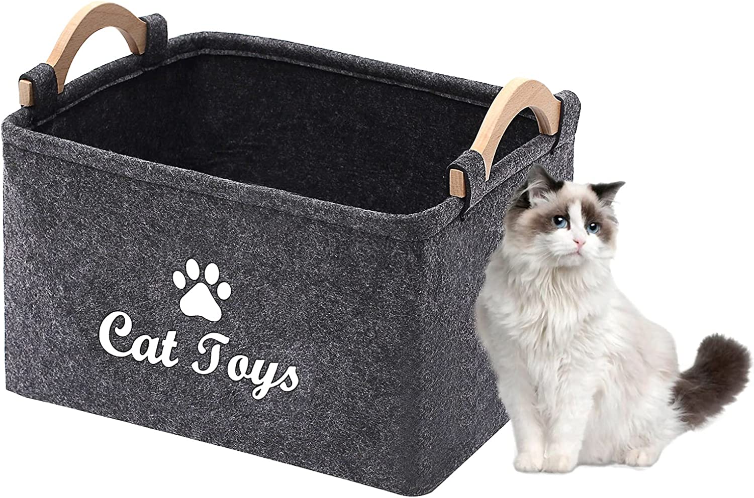 Geyecete CAT Toys Storage Bins - with Wooden Handle,Collapsible Pet Supplies Storage Basket