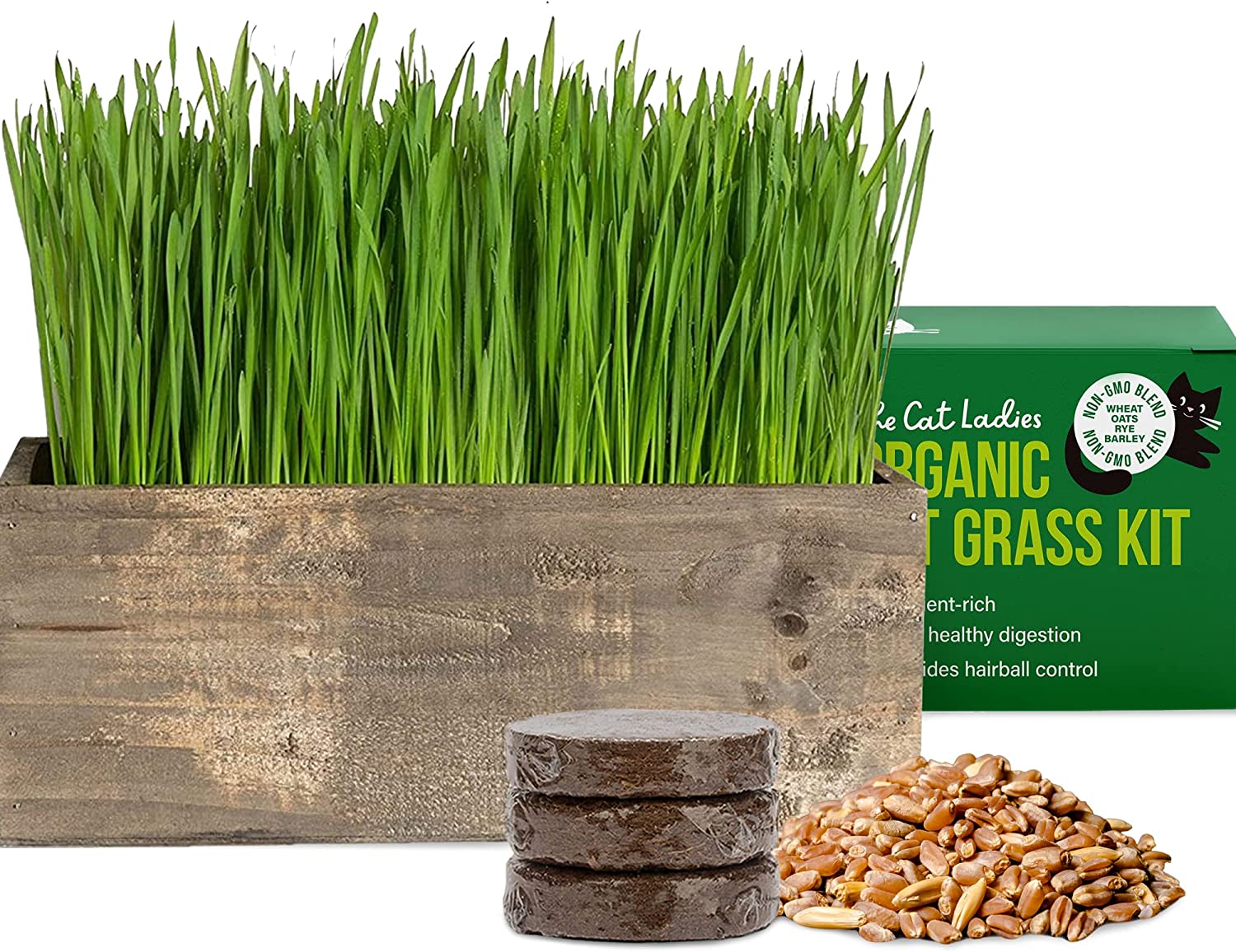 The Cat Ladies Cat Grass Kit Complete with Rustic Wood Planter, Organic Seed and Soil. Easy to Grow - Great for Indoor or Outdoor Cat, Dogs and Other Pets. Prevent Hairballs and Aid Digestion