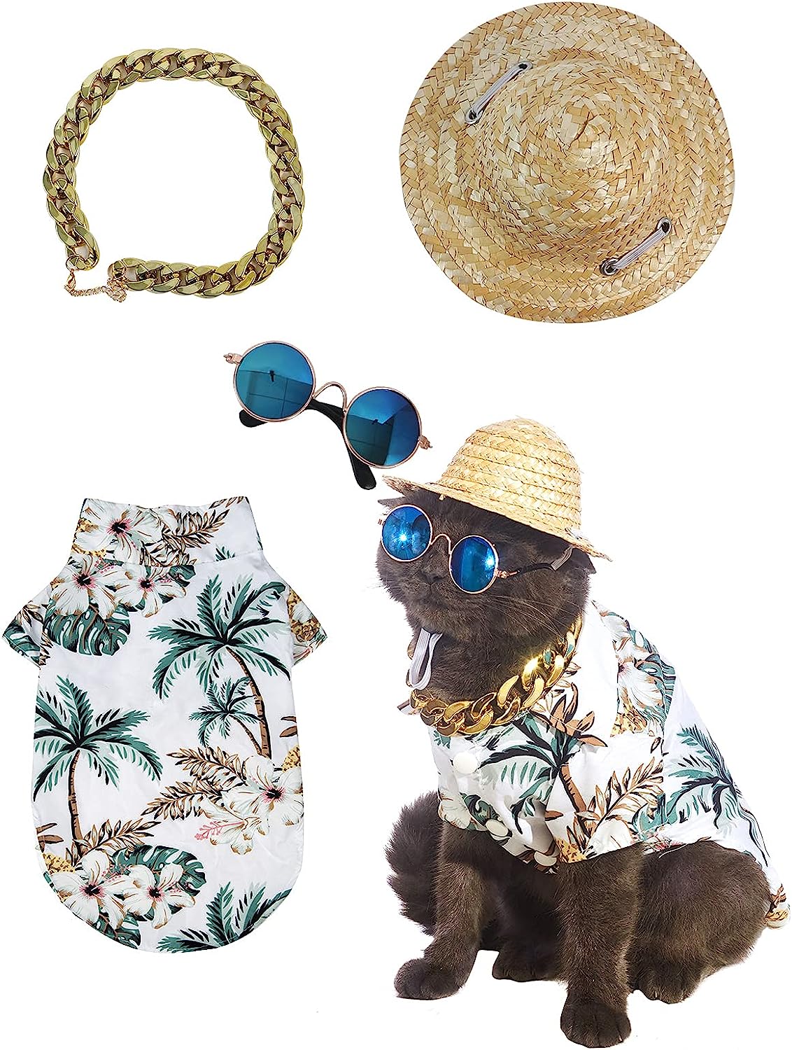 Impoosy Hawaiian Dog T Shirts Pet Summer Clothes Cat Sunglasses Funny Straw Hat Kitten Costumes with Gold Chain Collar