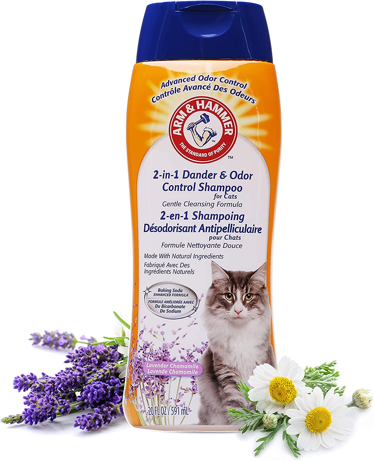 Arm & Hammer 2-in-1 Deodorizing & Dander Reducing Shampoo for Cats Baking Soda Moisturizes and Deodorizes, Lavender Chamomile Scent, 20 Fl Oz