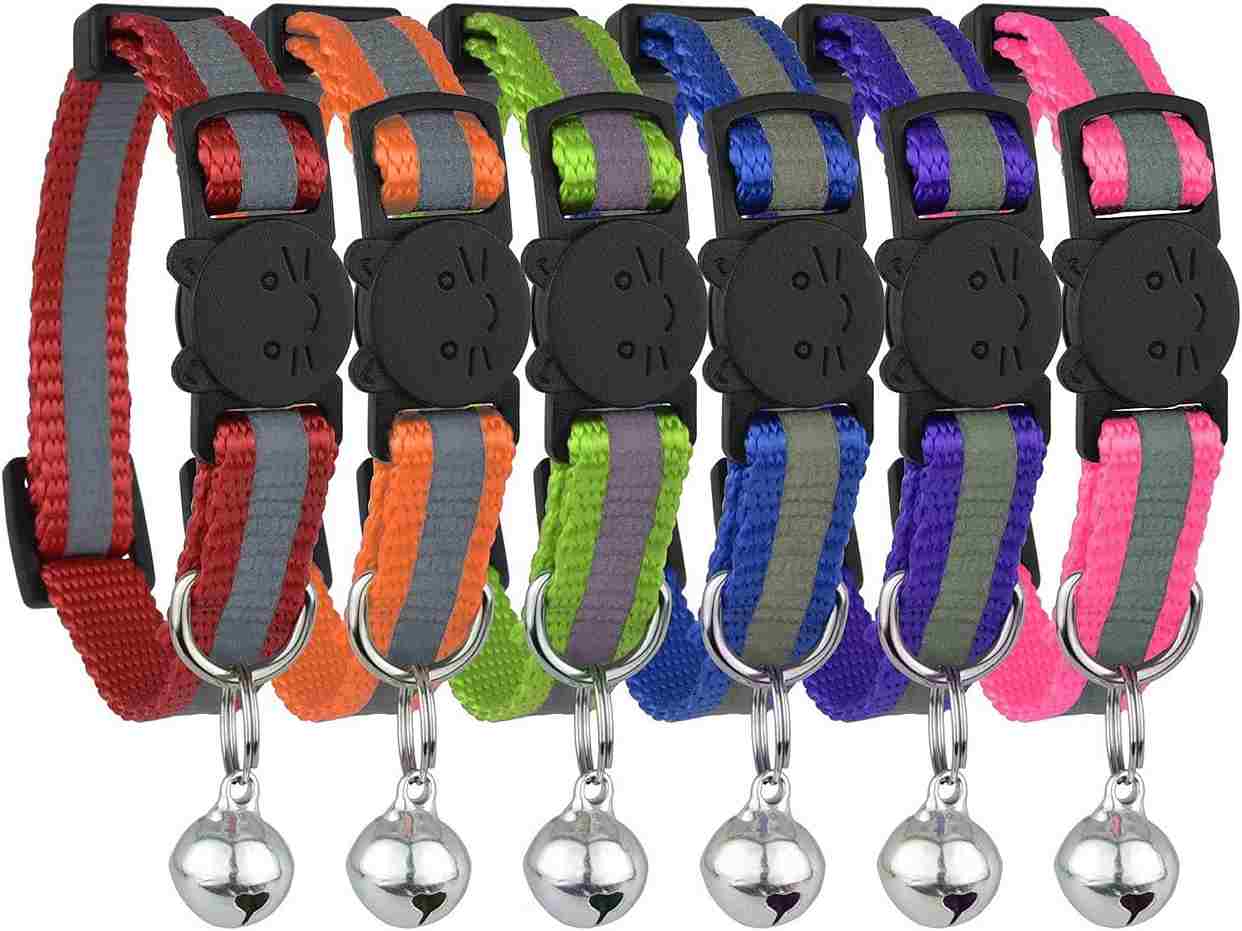 Upgraded Version - Reflective Cat Collar with Bell, Set of 6, Solid & Safe Collars for Cats, Nylon, Mixed Colors, Pet Collar, Breakaway Cat Collar, Free Replacement (6-Pack)