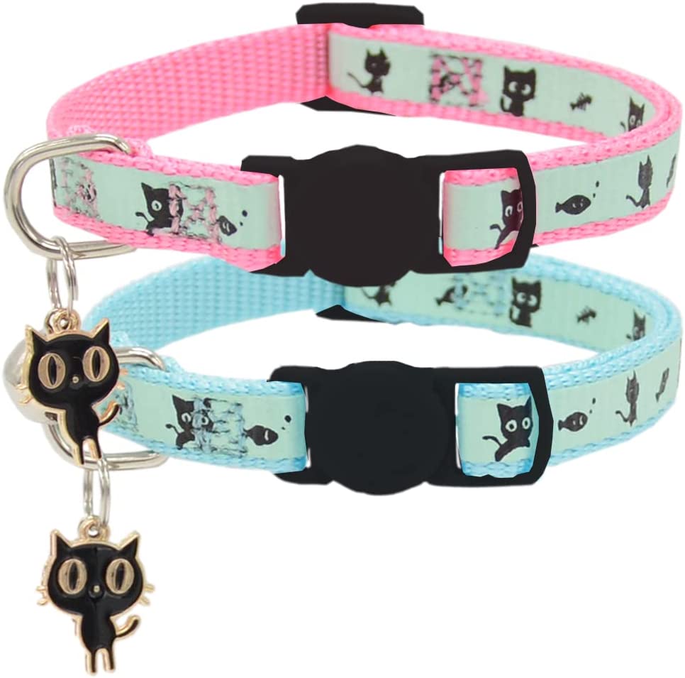 2 Pack Glow in The Dark Cat Collar with Bell Breakaway Safety Cat Puppy Collars with Pendant Light Blue and Pink