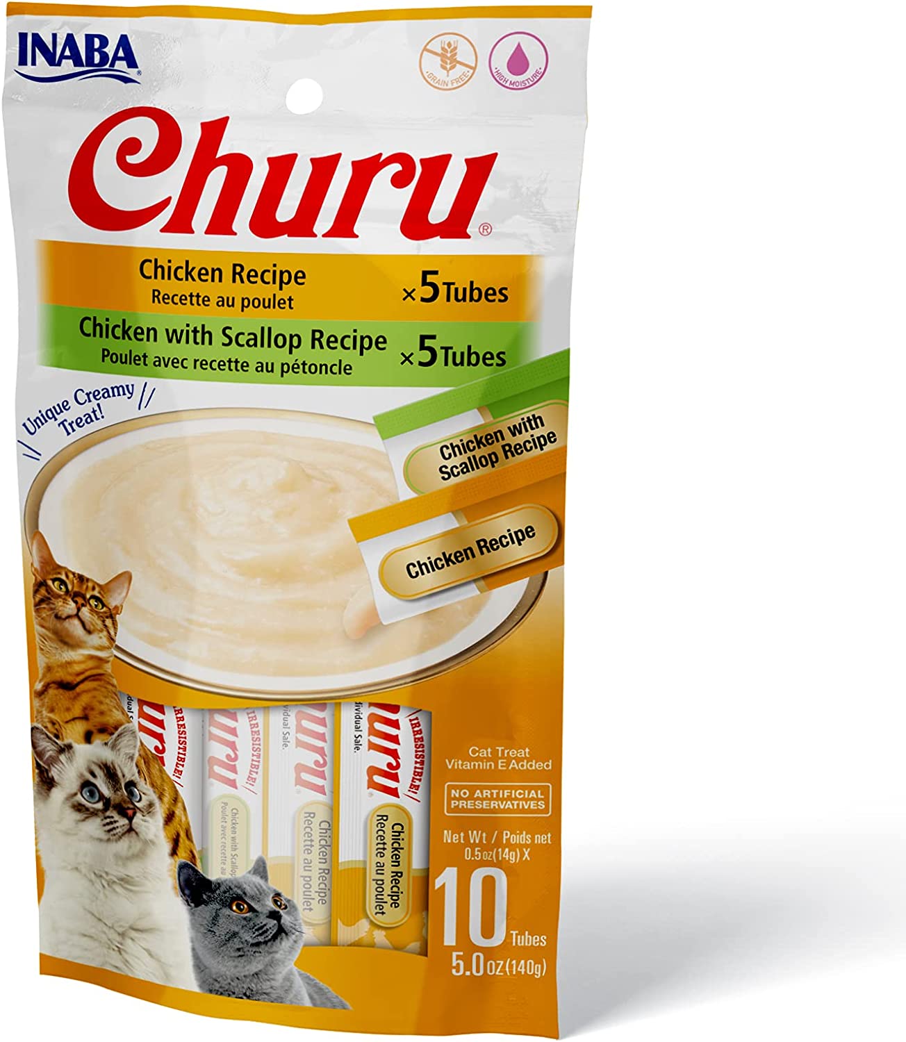 Inaba Churu Cat Treats, Grain-Free, Lickable, Squeezable Creamy Purée Cat Treat/Topper with Vitamin E & Taurine, 0.5 Ounces Each Tube, 10 Tubes Total/Two Flavors