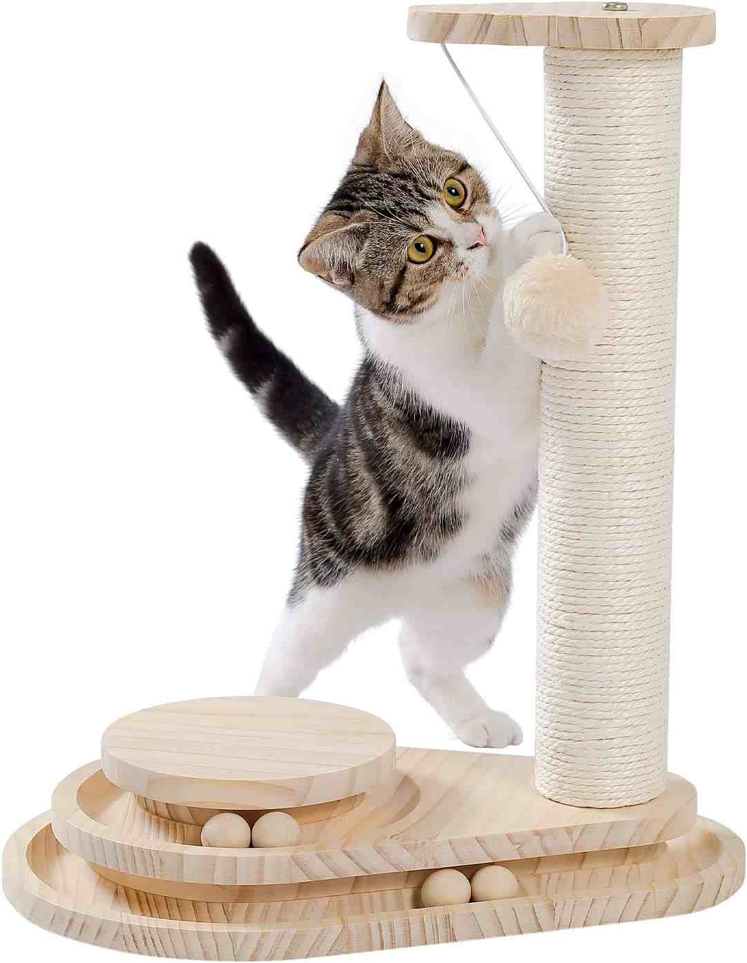 Made4Pets Cat Scratching Post Cat Scratcher Toy Wooden Two-Layer Cat Turntable with Interactive Balls and Dangling Ball