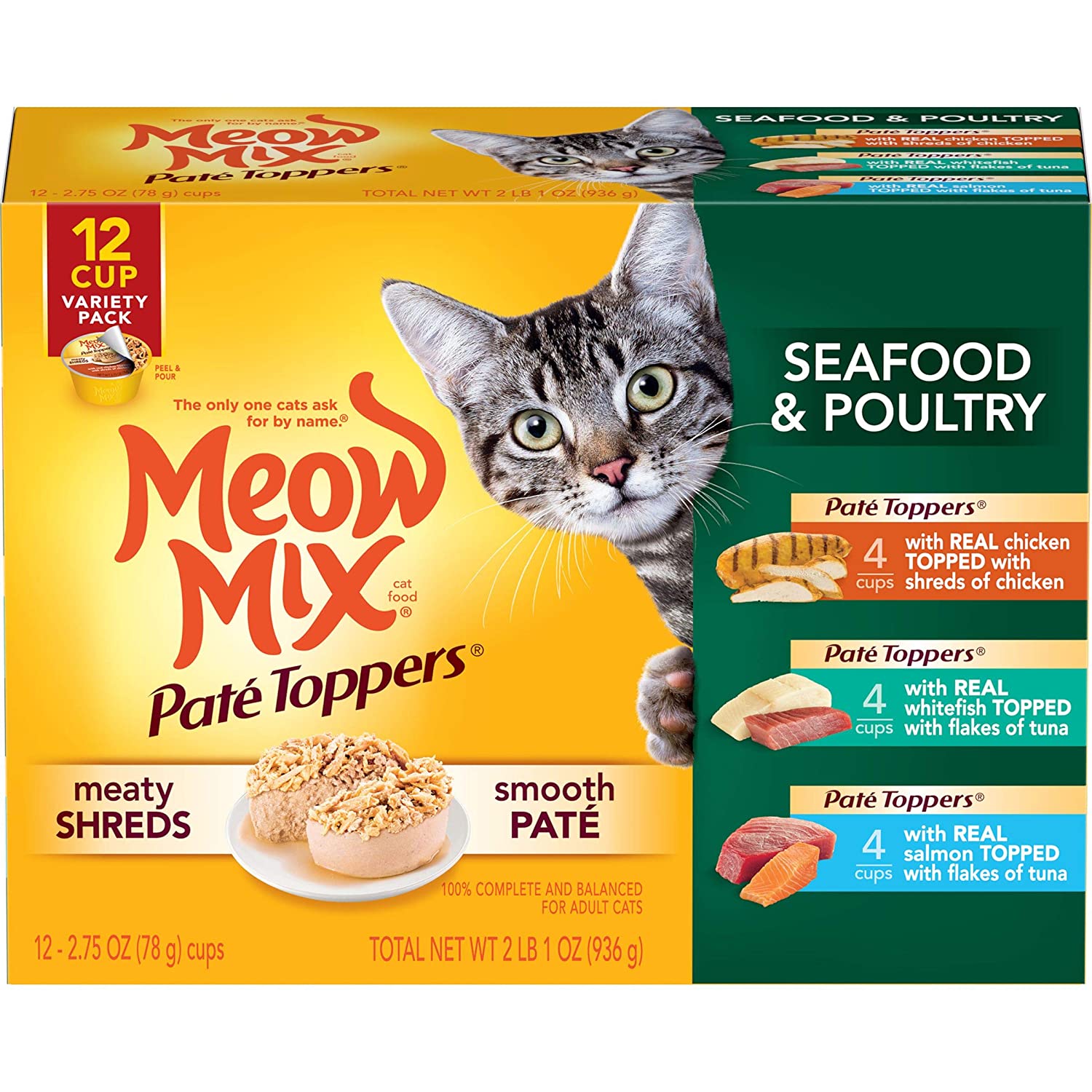 Meow Mix Paté Toppers Wet Cat Food, Seafood & Poultry Variety Pack, 2.75 Ounce, 12 Count(Pack of 1)