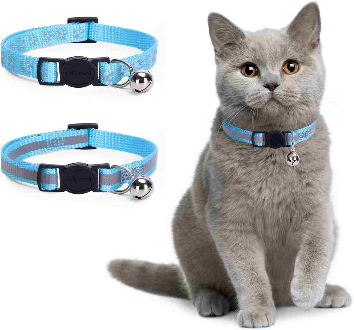 Nobleza Kitten Collar with Bell, 2 Pack Breakaway Cat Collars with Safe Quick Release Buckle, Paw Print & Strip Reflective Adjustable Soft Pet Collar for Small Medium Kitty Cats