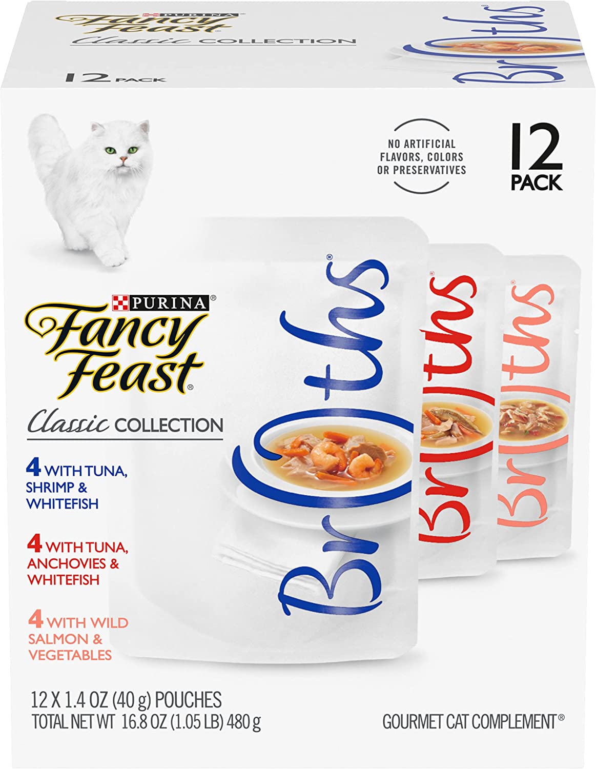 Purina Fancy Feast Limited Ingredient Wet Cat Food Complement Variety Pack, Broths Classic Collection (12) 1.4 oz. Pouches