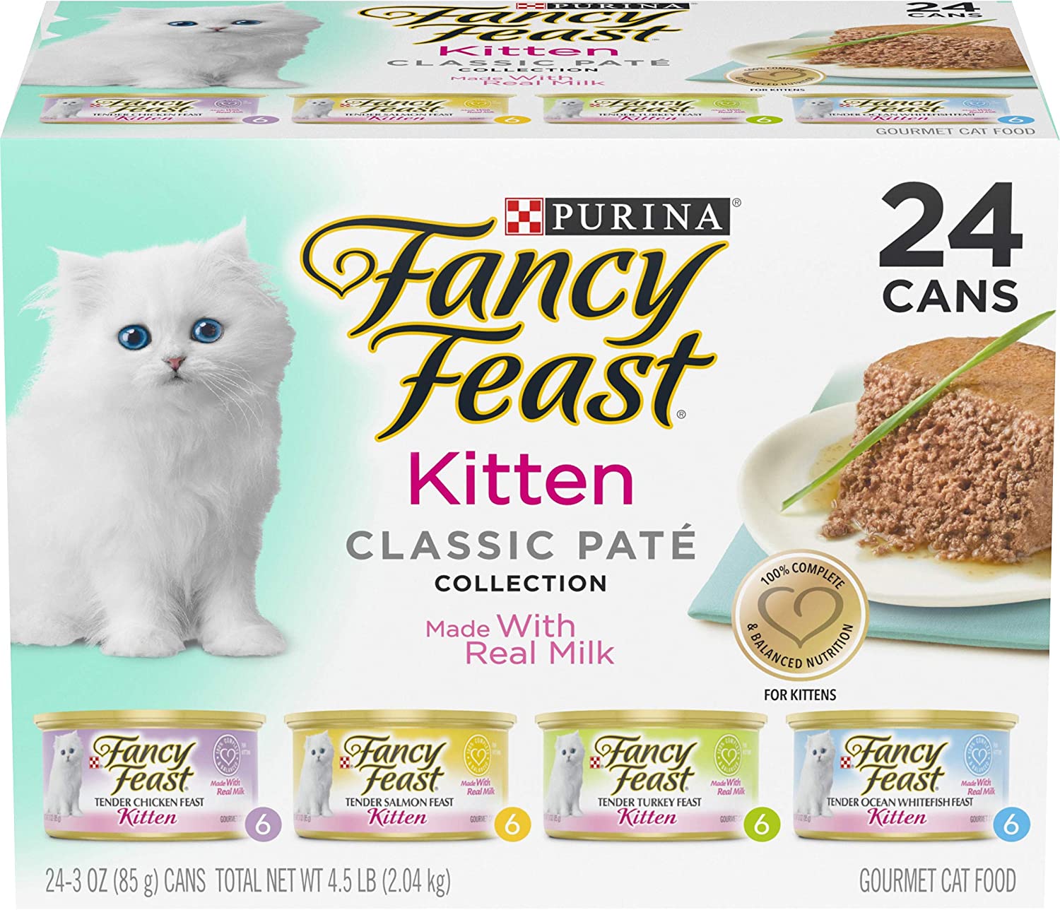 Purina Fancy Feast Grain Free Pate Wet Kitten Food Variety Pack, Kitten Classic Pate Collection, 4 Flavors - (24) 3 oz.