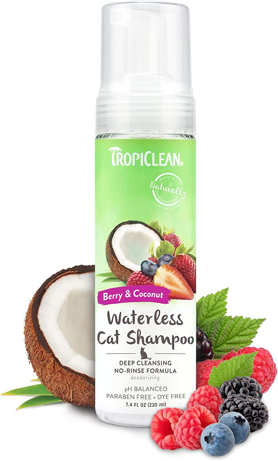 TropiClean Berry Coconut Waterless Cat Shampoo Deep Cleansing Dry Shampoo for Cats Natural Cat Shampoo Derived from Natural Ingredients