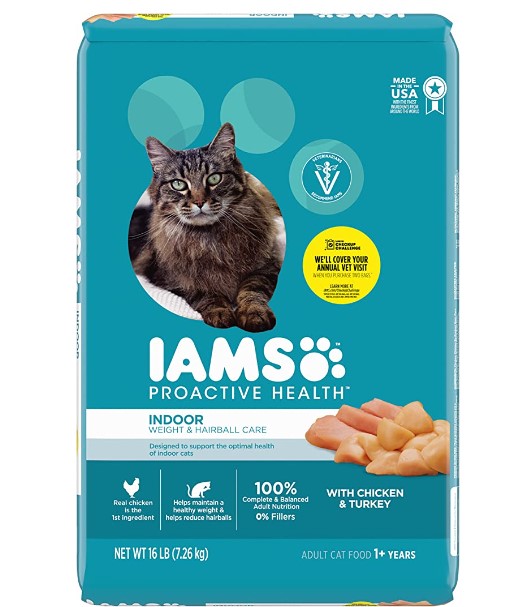 IAMS PROACTIVE HEALTH Adult Indoor Weight Control & Hairball Care Dry Cat Food with Chicken & Turkey Cat Kibble, 16 lb. Bag