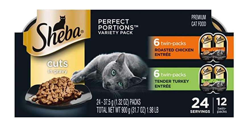 SHEBA PERFECT PORTIONS Cuts in Gravy Adult Wet Cat Food Trays (12 Count, 24 Servings), Roasted Chicken and Tender Turkey Entrée, Easy Peel Twin-Pack Trays