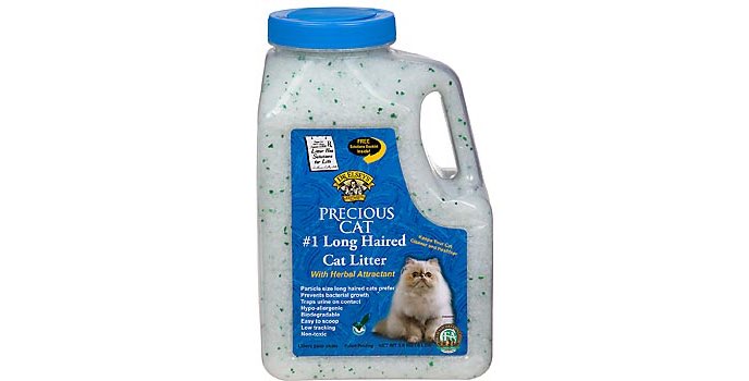 Image features a package of Dr. Elsey’s Precious Cat Long-Haired Cat Litter with blue label. 