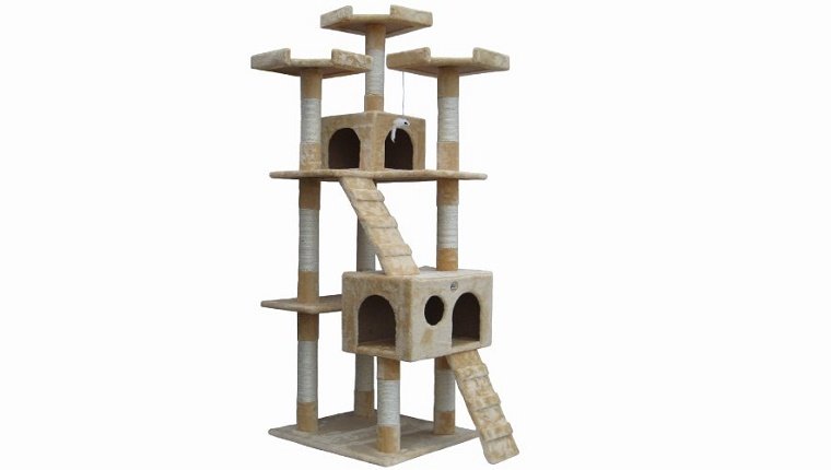 An elaborate, multi-story cat tower against a white background.