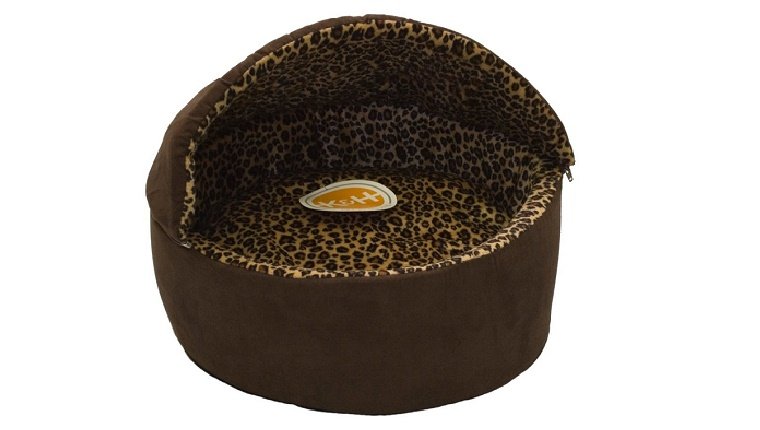 A brow indoor heated cat bed with leopard print interior from K&H.