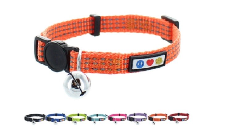 A reflective, orange cat color. Below it is an assortment of collars in other colors.