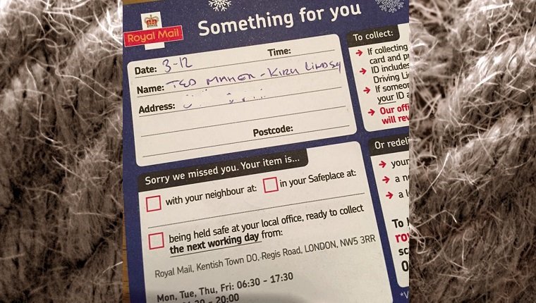 A post office slip from the British post office. The package is addressed specifically to Ted the cat.