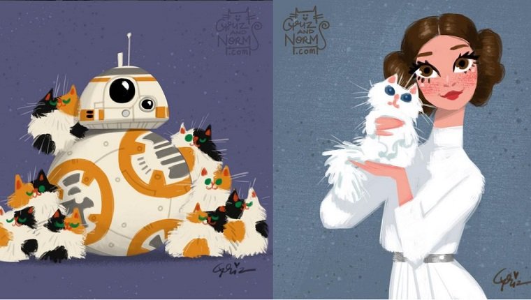 A drawing of BB-8 covered in orange and black cats and Princess Leia holding a white cat.
