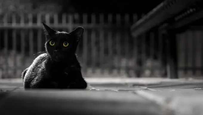 black cat lying in front of fence outside