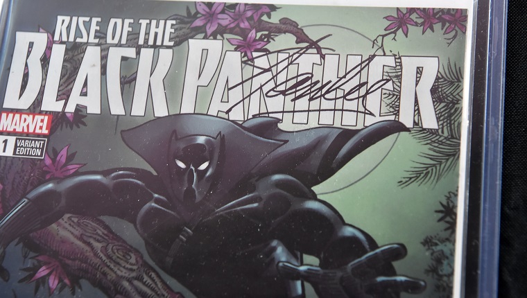 A Stan Lee-signed copy of "Rise of The Black Panther" Variant Edition #1 (Marvel Comics Group, March 2018) is displayed at Julien's Auctions in Beverly Hills, California, on November 13, 2018. - The comic book is part of a selection of 20 works associated with Lee's comics universe which will be sold November 16-17 at Julien's Auctions' Beverly Hills gallery and online. Stan Lee, who was the editor-in-chief of Marvel Comics, died November 12 in Los Angeles at age 95. (Photo by Robyn Beck / AFP)