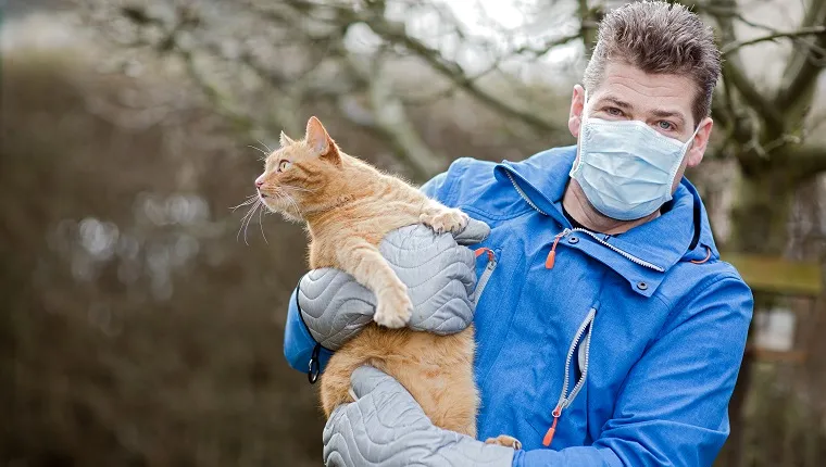 Mann trägt Mundschutz gegen Katzenallergie
