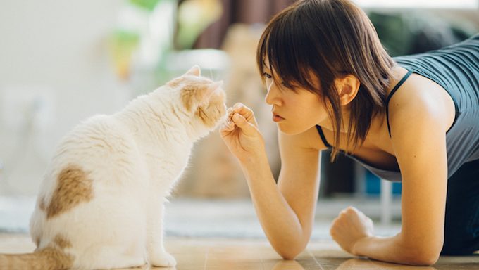 woman giving cat treat
