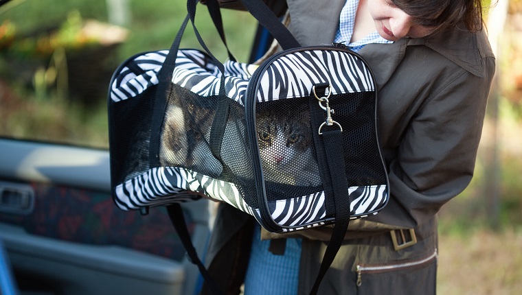 Woman with pet carrier