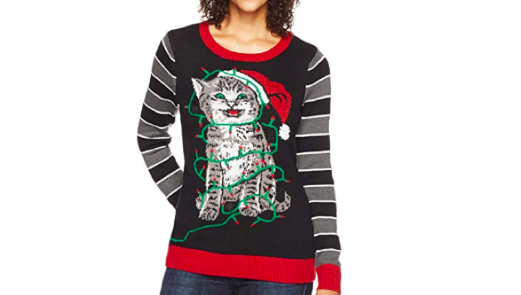 Cat holiday lights sweater