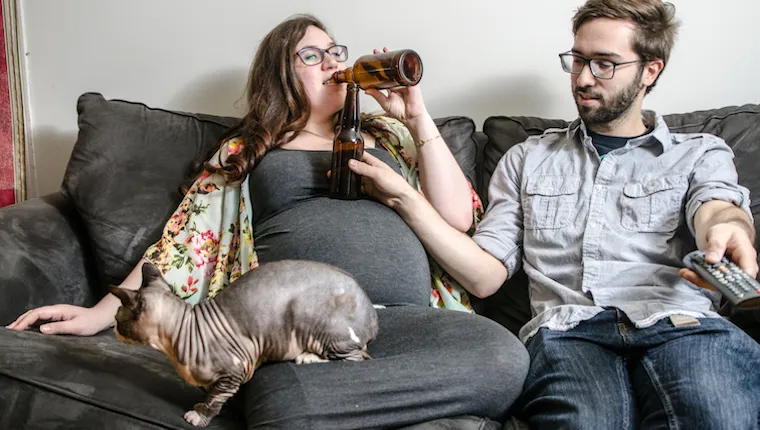 Pregnant woman drinking beer with her cat