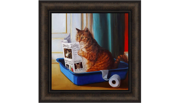 Print of cat reading newspaper in litter box