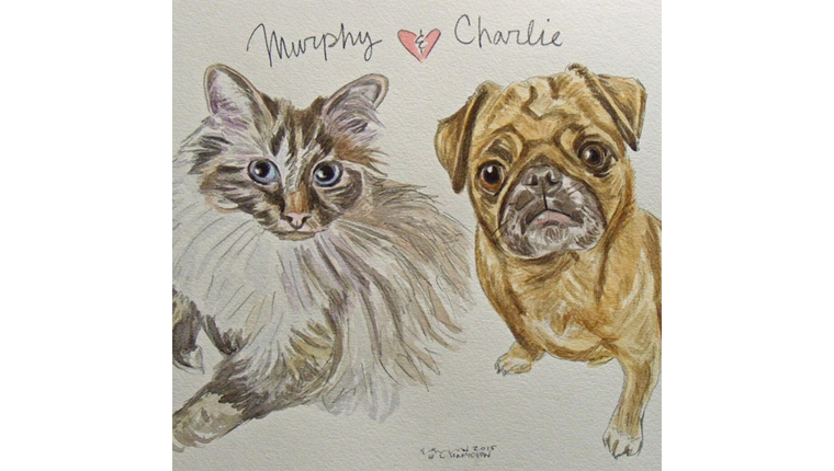 gene's watercolor of a cat named murphy and a dog named charlie