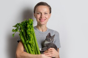 Woman and kitten and celery
