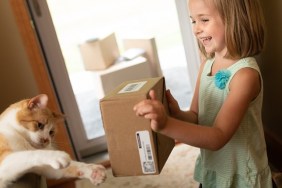 Cute Little Girl Showing Delivery Box to Cat