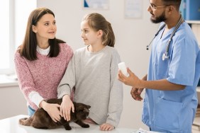 Little girl and her mother cuddling cute cat while young veterinarain showing them pills for the pet