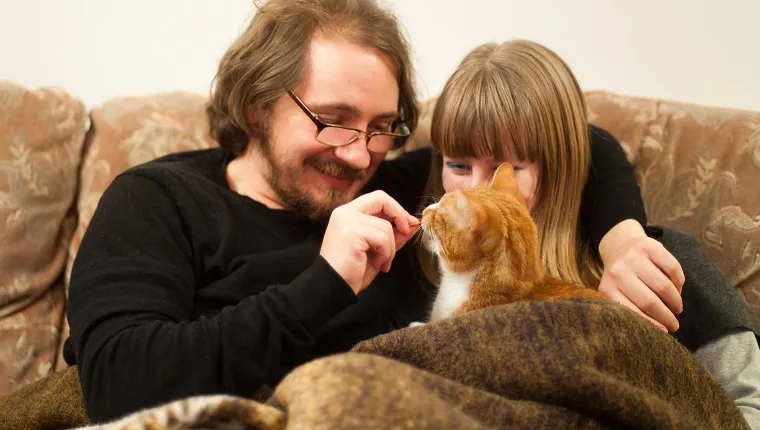 A young couple - a brunette man with glasses and a blonde woman, sit on a sofa cuddling and giving treats to their pet ginger cat.