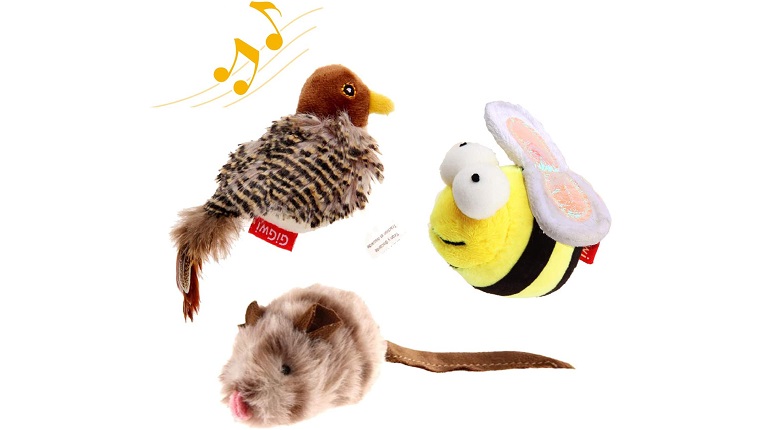 bird, bee, and mouse cat toys