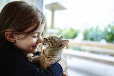 little girl hugging kitten benefits of cat ownership for kids