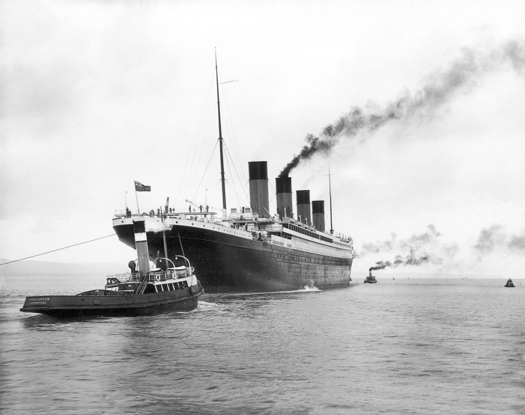 The R.M.S. Titanic leaving Belfast. The ship had a cat, Jenny, who served as its mascot.